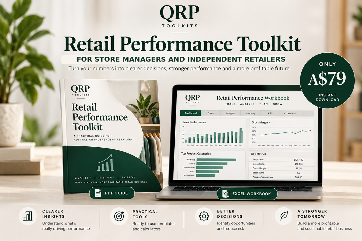 QRP Retail Performance Toolkit for store managers and independent retailers — PDF and Excel workbook, A$79